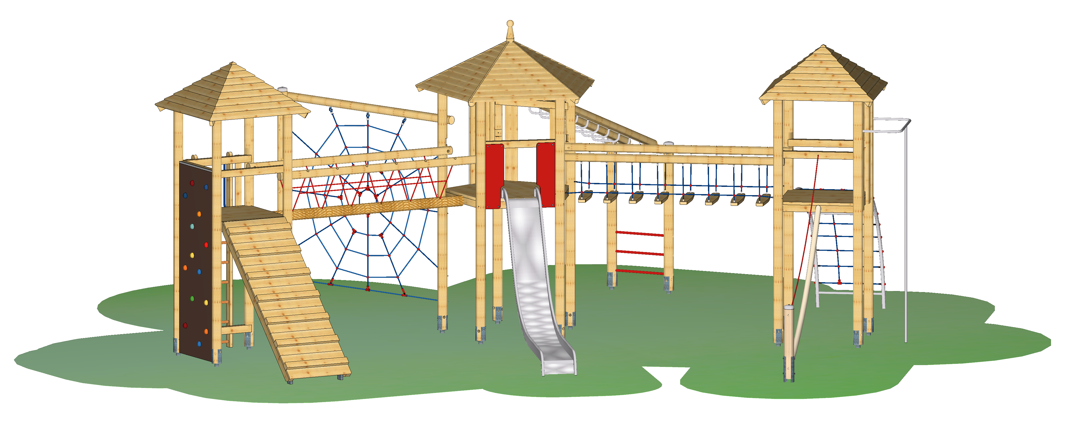Spielkombination "Pfeuferstraße 1" - Dächer aus Stülpschalungsprofil, natur